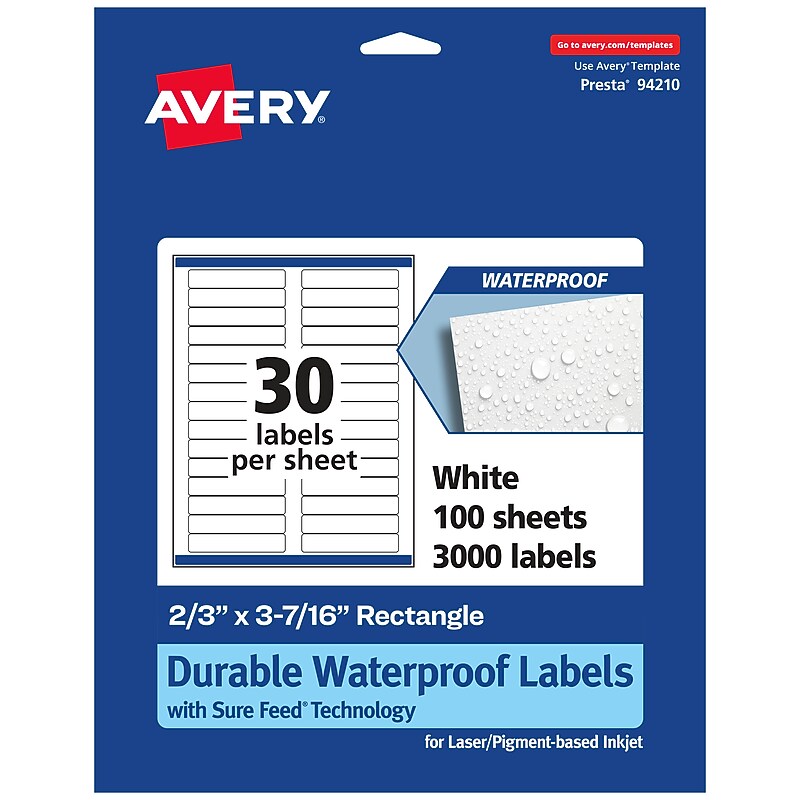 Avery Laser/Inkjet Rectangle Waterproof Multipurpose Labels, 3.4375"  x 0.6667", White, 3000/Box (94210) image 1