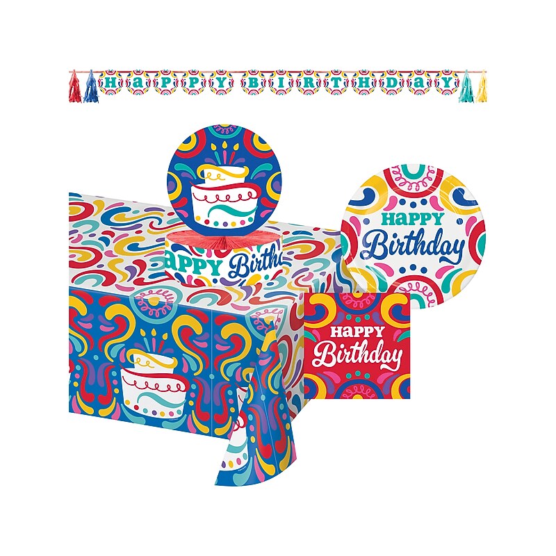 Creative Converting Swirls Birthday Tableware and Decor Kit, Assorted Colors (DTC9126E4A) image 1