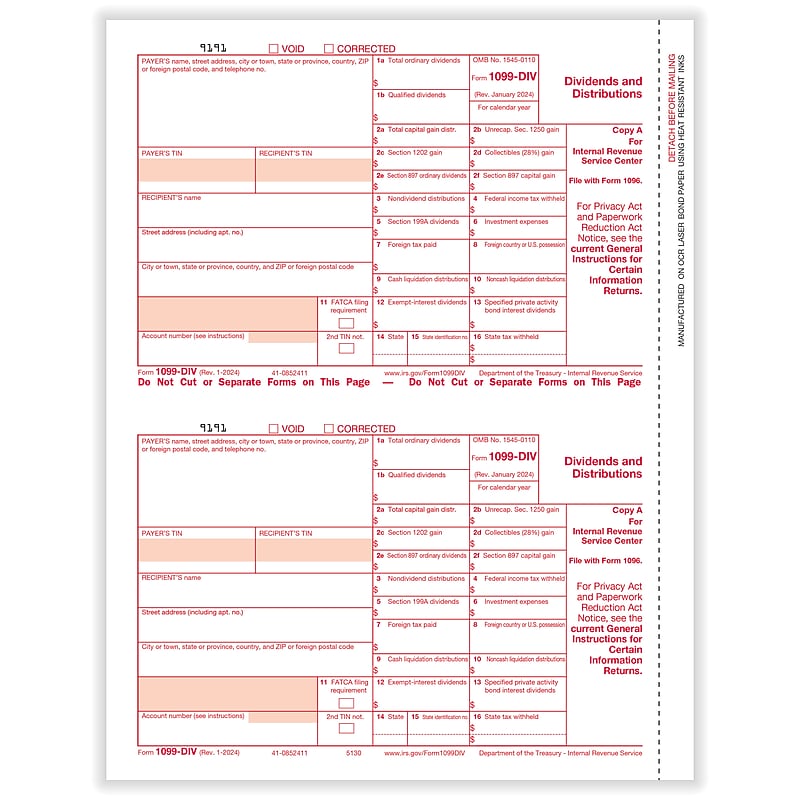 ComplyRight 2025 1099-DIV Tax Form, 1-Part, 2-Up, Federal Copy A, 50/Pack (513050) image 1