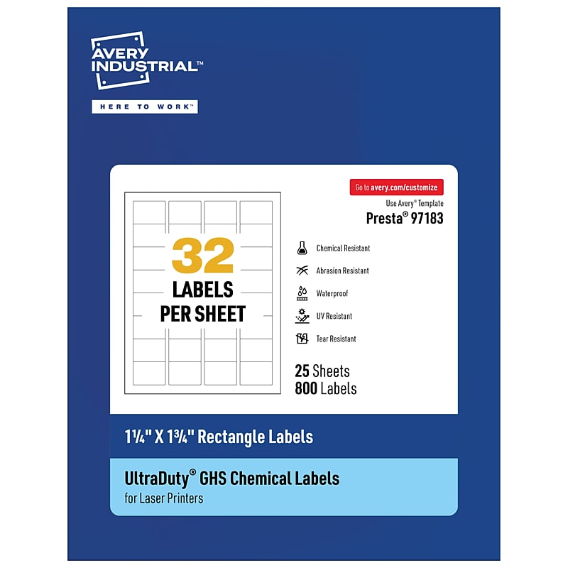 Avery Laser UltraDuty GHS Labels, 1-1/4" x 1-3/4", White, 800 Labels/Pack (97183) image 1