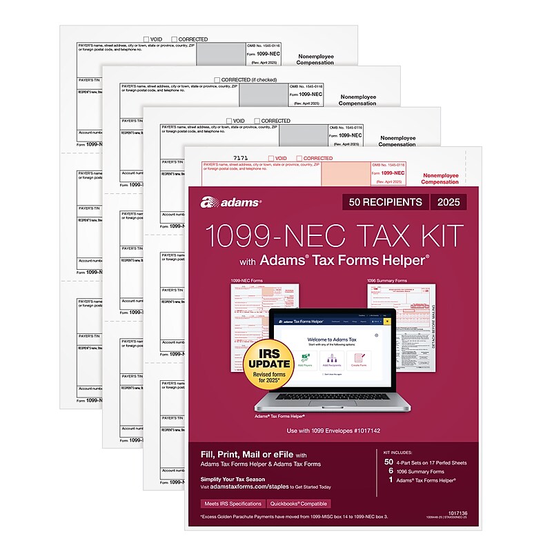 Adams 2025 1099-NEC Tax Forms Kit, 4-Part, 3-Up, A, 1, B & 2, 50/Pack (STAX550NEC-25) image 1