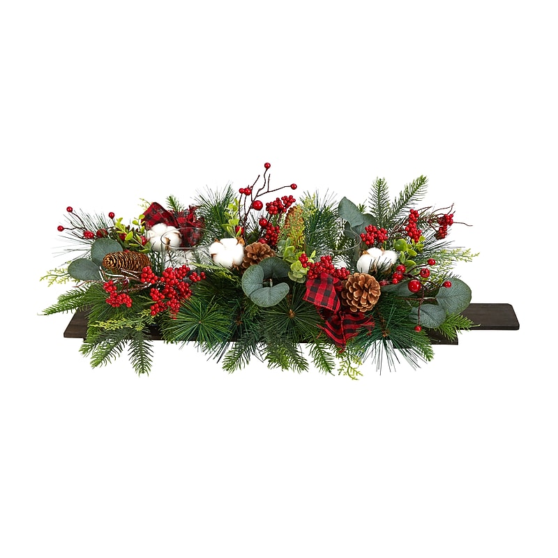 Nearly Natural 24" Holiday Berries, Pinecones & Eucalyptus Christmas Artificial Arrangement Cutting Board Wall Décor (A1845) image 1