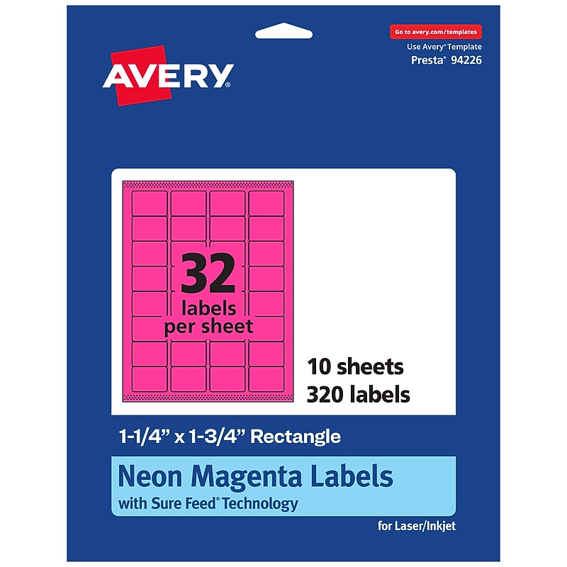 Avery Laser/Inkjet Rectangle Multipurpose Labels, 1.25" x 1.75", Neon Magenta, 320/Pack (94226) image 1
