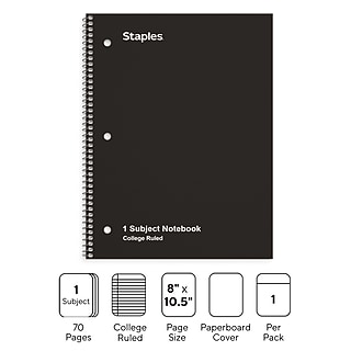 STAPLES 1‑Subject Notebook, 8” x 10.5”, College Ruled, 70 Sheets, Black~#|#~8000C00F-4EF4-4935-950C5F03DE9A3DF3_sc7