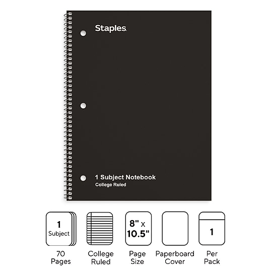 STAPLES 1‑Subject Notebook, 8” x 10.5”, College Ruled, 70 Sheets, Black~#|#~8000C00F-4EF4-4935-950C5F03DE9A3DF3_sc7