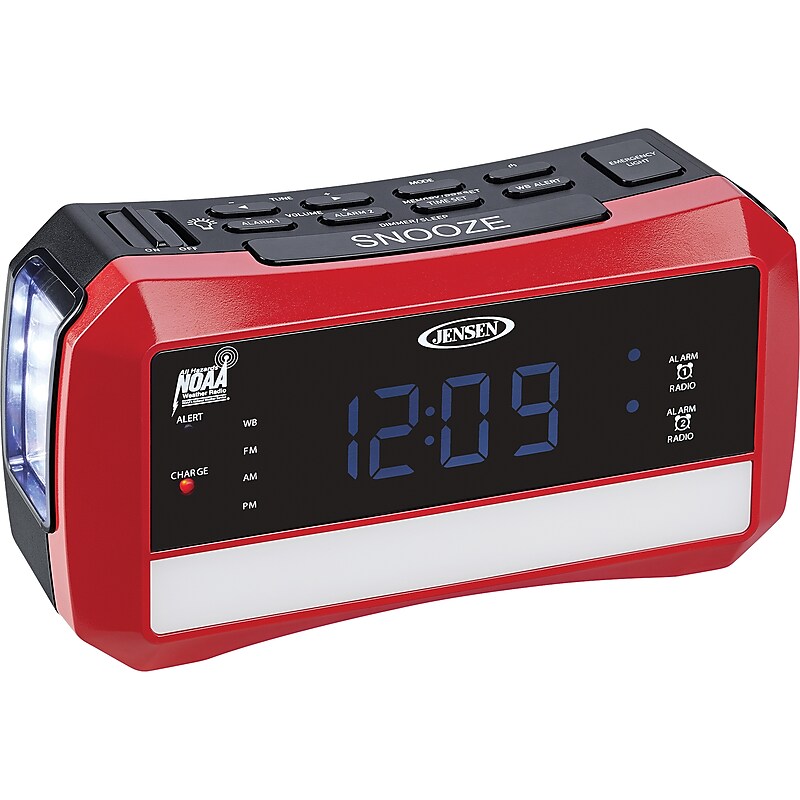 Jensen Wireless Digital AM/FM Alarm Clock Radio with NOAA Weather Alert, Emergency Light, and Built-in Flashlight, Red/Black image 1
