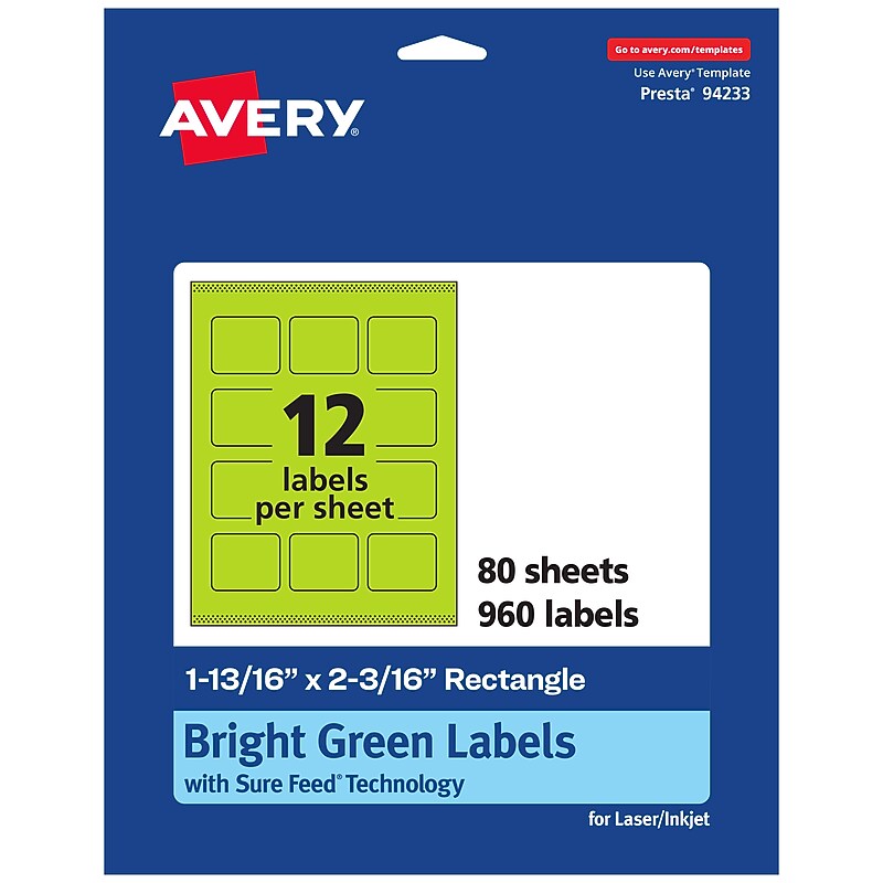 Avery Rectangle Multipurpose Labels, 1-13/16" x 2-3/16", Bright Green, 960/Box (94233) image 1