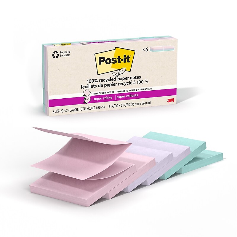 Post-it Wanderlust Pastels Recycled Pop-up Super Sticky Notes, 3" x 3", 70 Sheets/Pad, 6 Pads/Pack (R330R-6SSNRP) image 1