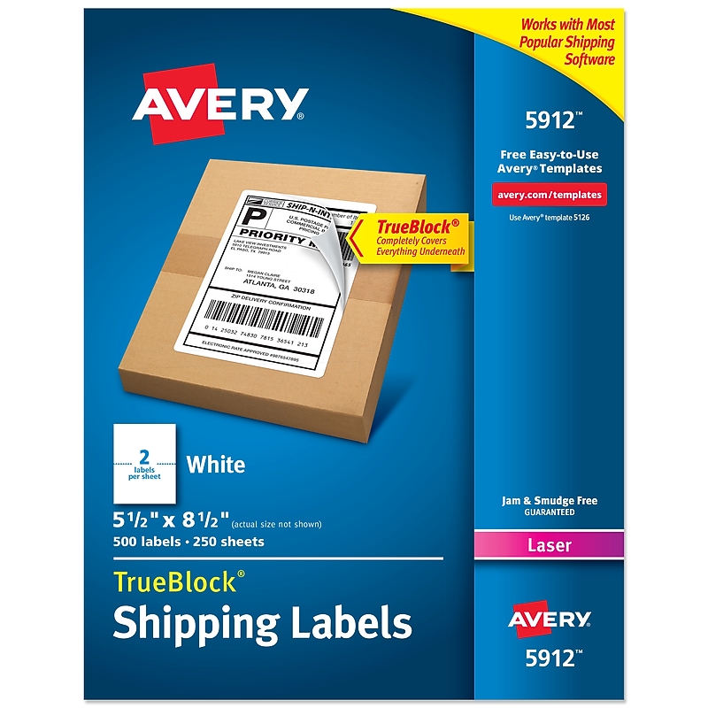 Avery TrueBlock Laser Shipping Labels, 5 1/2" x 8 1/2", Matte White, 2 Labels/Sheet, 250 Sheets/Pack (5912) image 1