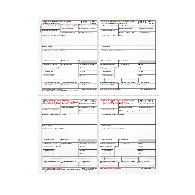Adams Employee's Copies Cut Sheet 2025 W-2 Tax Form, 1-Part, Copy B, C, 2, 100/Pack (LW24UPALT100) image 1