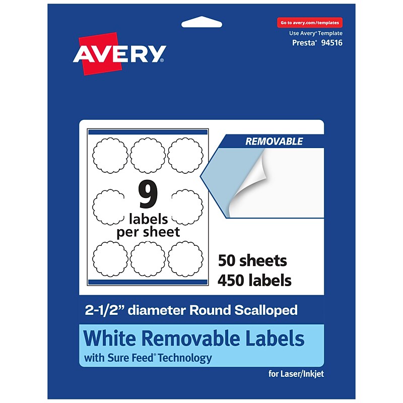 Avery Laser/Inkjet Decorative Edge Multipurpose Labels, 2.5" Dia., White, 450 Labels/Box (94516) image 1
