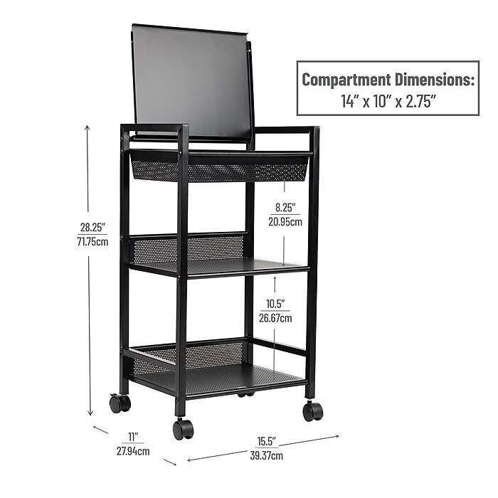 Mind Reader 3-Tier Metal Cart with Covered Compartment, Black