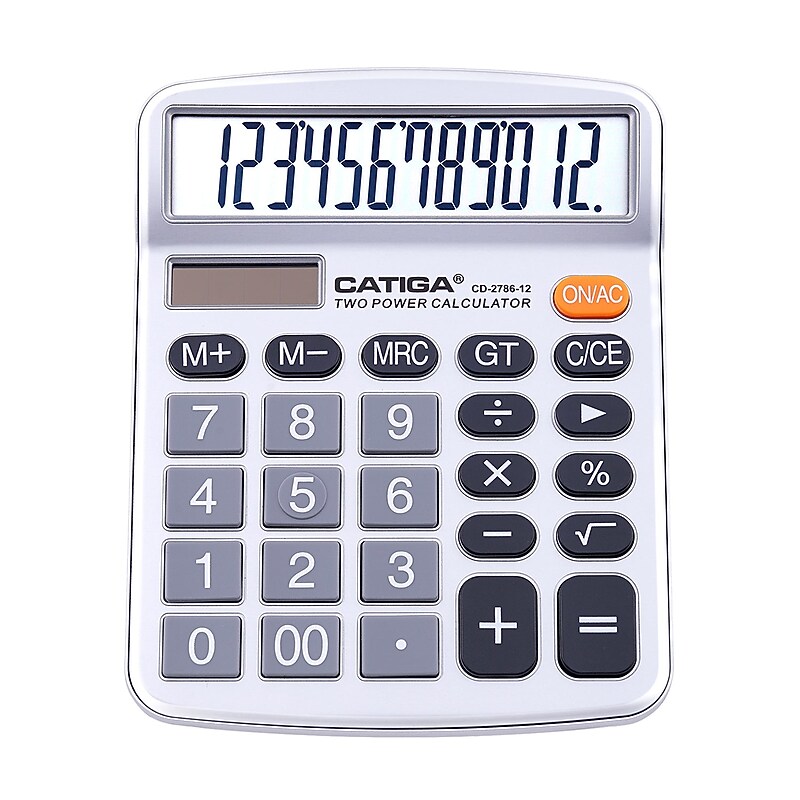 CATIGA 12-Digit Battery/Solar Powered Basic Calculator, Silver (CD-2786S) image 1