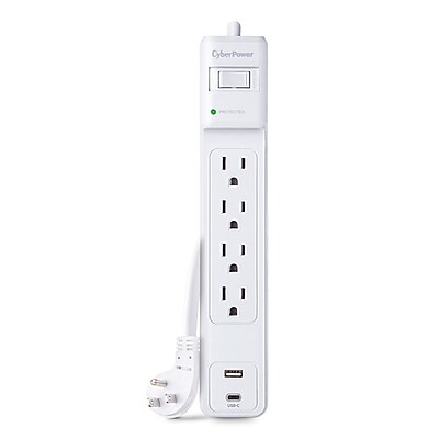 CyberPower P403UC15 Home Office 4-Outlet Surge Protector, 1-USB-C Port, 1-USB-A Port, 3 ft. Cord, 600J Surge Suppression, White Simolary simolary.com