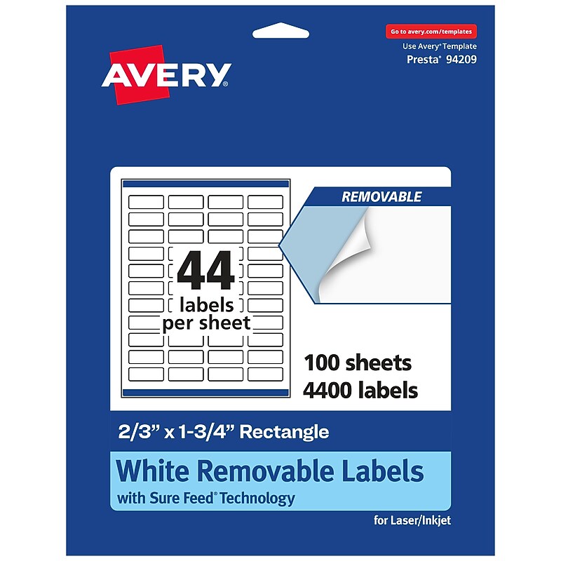 Avery Laser/Inkjet Rectangle Multipurpose Labels, 2/3" x 1-3/4", White, 4400 Labels/Box (94209) image 1