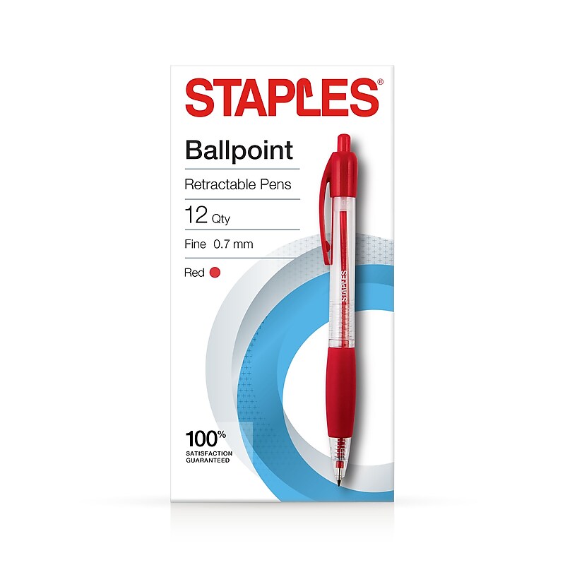 Staples Retractable Ballpoint Pens, Fine Point, Red Ink, Dozen (50787) image 1
