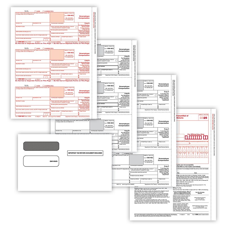 ComplyRight 2025 1099-NEC Tax Form Self-seal envelopes, 3-Part, 3-Up, Copy A, B, C/2, 1096 Transmittal, 100/Pack (NEC6102E100) image 1