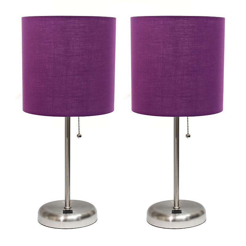 Creekwood Home Oslo Duo 19.5" LED Table Lamp with USB Port, Brushed Steel/Purple Shade, 2/Set (CWT-2012-PR-2PK) image 1