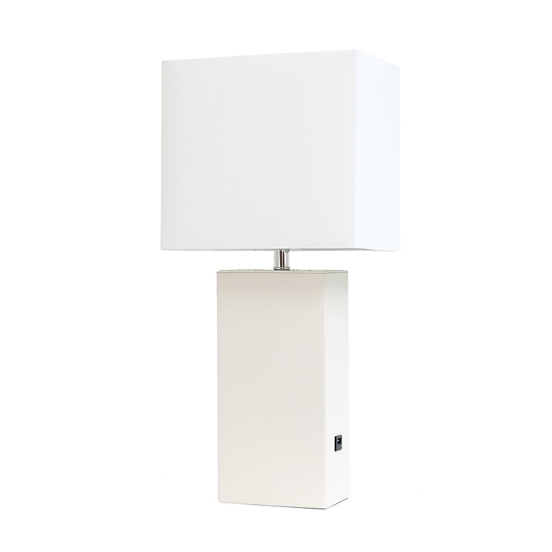 Lalia Home Lexington Leather Base 21" LED Table Lamp with USB Charging Port, White Faux Leather (LHT-3012-WH) image 1