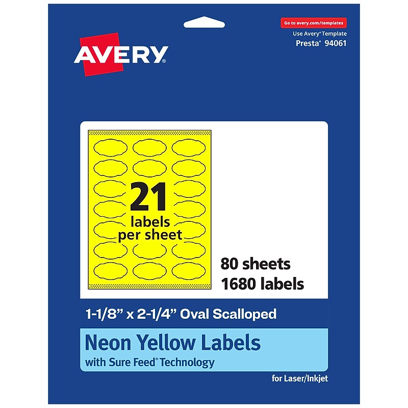 Avery Oval Scalloped Laser/Inkjet Multipurpose Labels, 1-1/8" x 2-1/4", Neon Yellow (1680/Box) image 1