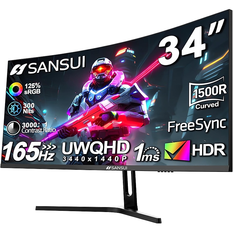 Sansui 34" Curved WQHD 165Hz LED AMD FreeSync Gaming Monitor, HDR, Black (SG34C5QK) image 1