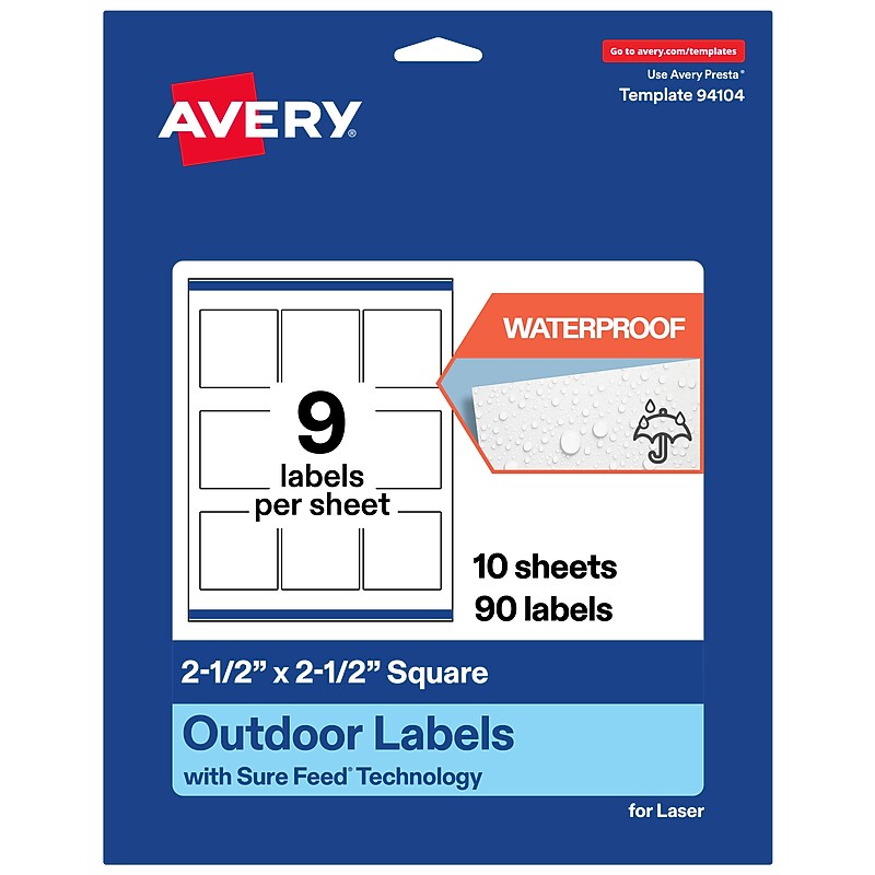 Avery Waterproof Square Laser Multipurpose Labels, 2.5" x 2.5", White, 90/Pack (19479399472) image 1