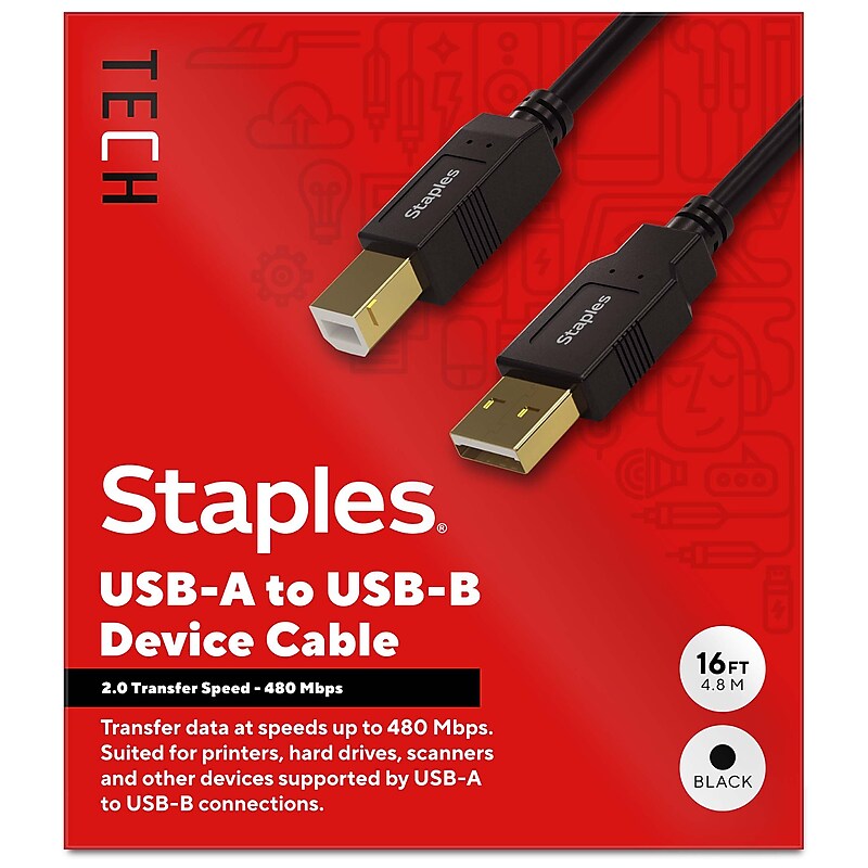 Staples TECH 16 ft. USB-A to USB-B Cable, Male to Male, Black (ST62440) image 1