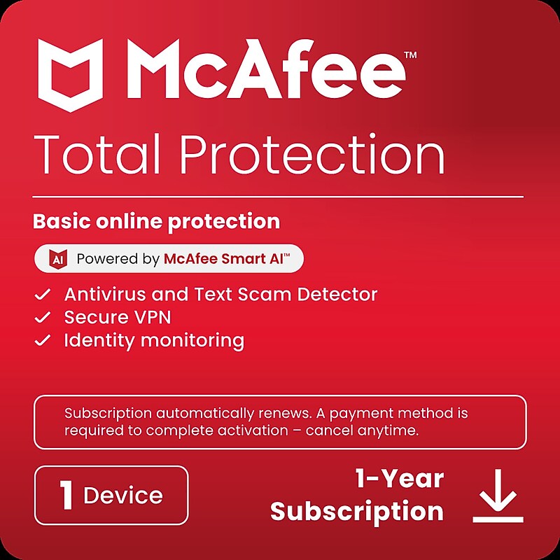 McAfee Total Protection for 1 User, Windows/Mac/Android/iOS/ChromeOS, Download (MTP21EUS1RAAD) image 1