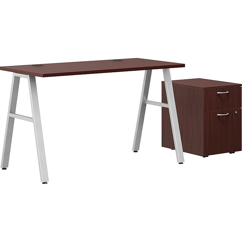 HON Mod 48"W Table Desk with Mobile Storage, Traditional Mahogany (HLPL4824BFTM1ALEGSLV) image 1