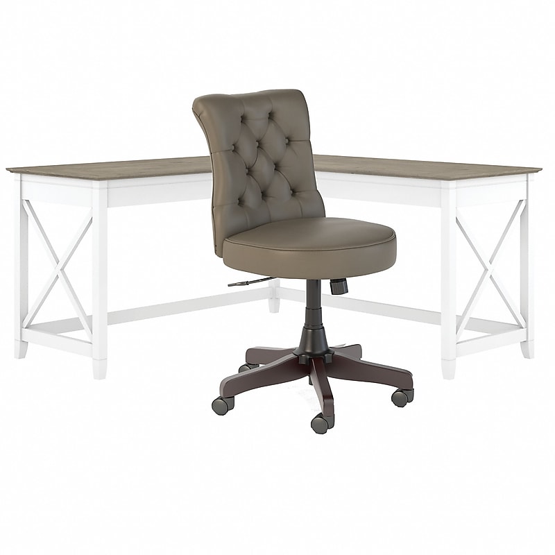 Bush Furniture Key West 60" L-Shaped Desk with Mid-Back Tufted Office Chair, Shiplap Gray/Pure White (KWS045G2W) image 1