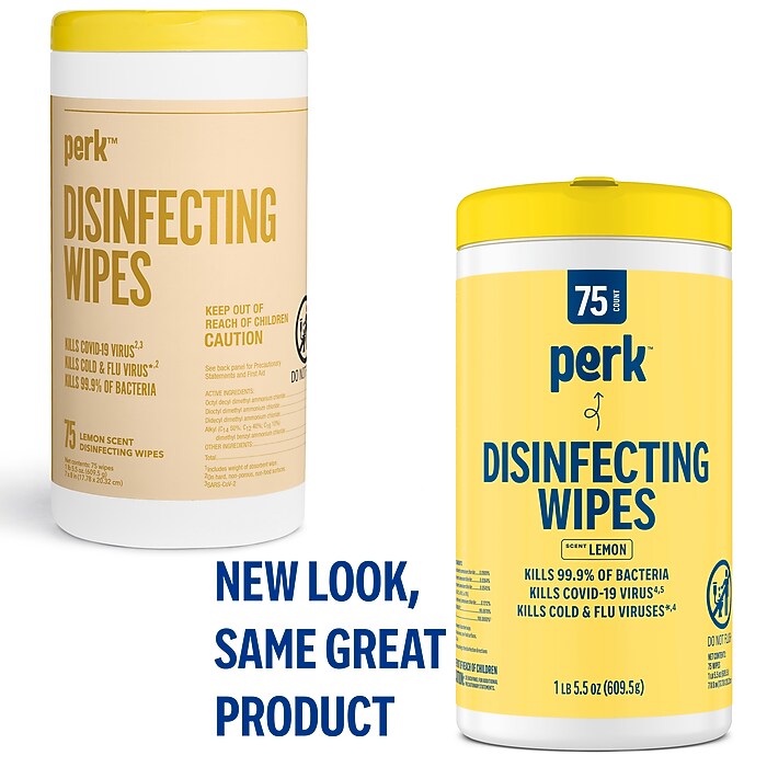 Perk™ Disinfecting Wipes, Lemon Scent, 75 Wipes/Pack, 6/Carton