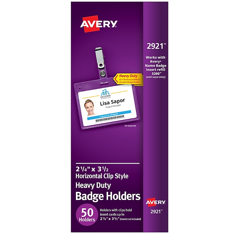 Avery Secure Top Heavy Duty Clip Style Name Badge Holders, 2 1/4" x 3 1/2", Clear Landscape Holders, 50/Box (2921) image 1