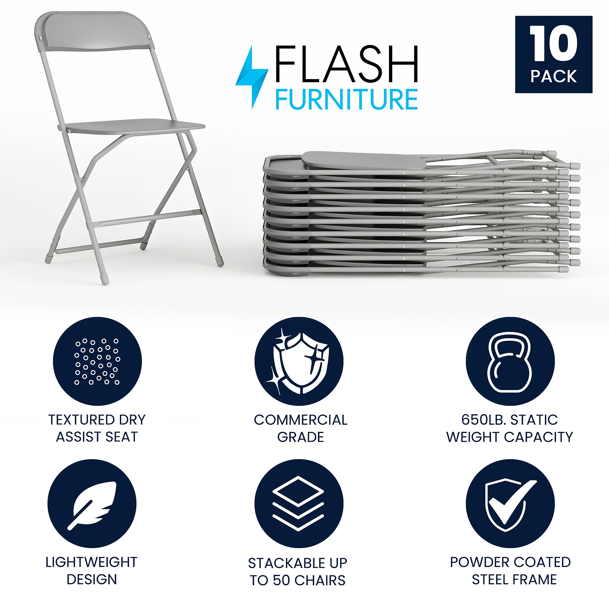 Flash Furniture HERCULES Plastic Folding Chair, Gray, 10/Pack (10LEL3GREY) Sansujyuku sansujyuku.com