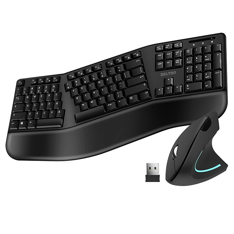 Delton KB200 & S12 Wireless Ergonomic Keyboard and Optical Mouse Combo, Black (DKMKITERG12-WB) image 1