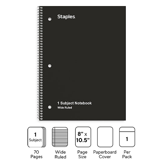 STAPLES 1‑Subject Notebook, 8” x 10.5”, Wide Ruled, 70 Sheets, Black~#|#~8109FCBA-4479-4B51-972BA27E784EBCCE_sc7