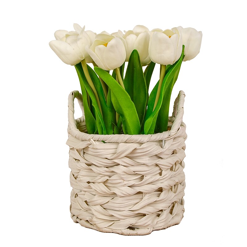 National Tree Company 10" White Tulip Bouquet in White Basket (MT81-10926GWH-1) image 1