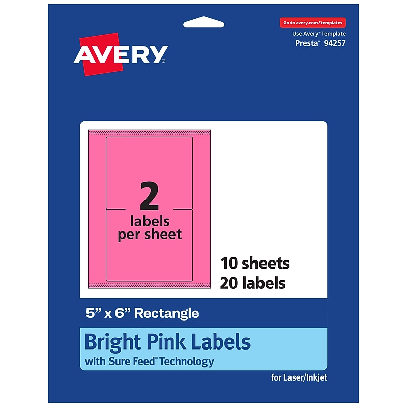 Avery Laser/Inkjet Rectangle Multipurpose Labels, 5" x 6", Bright Pink, 20/Pack (94257) image 1