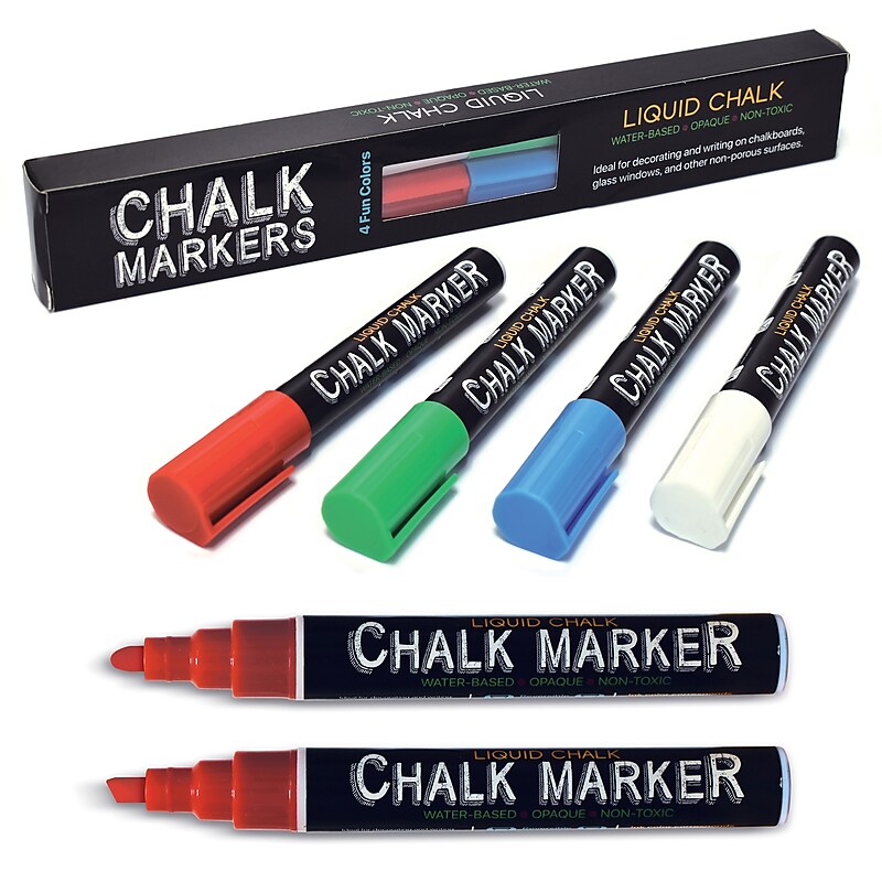Better Office Products Liquid Washable Chalk Markers, Reversible Tip, Assorted Colors, 4-Pack (00640) image 1