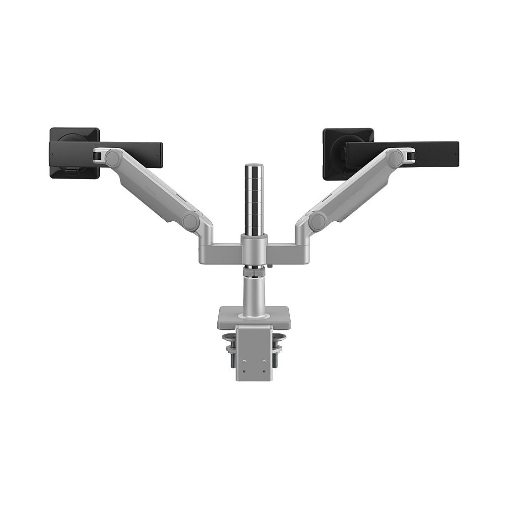 Front view of dual monitor arm with base clamp
