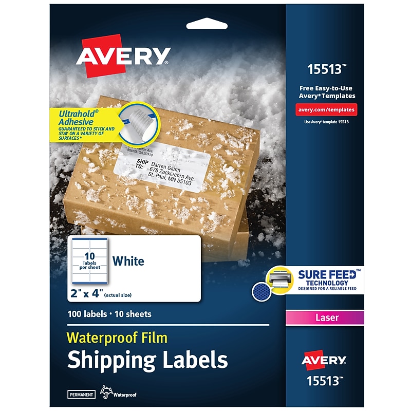 Avery Waterproof Ultrahold Laser Shipping Labels, 2" x 4", White, 100 Labels/Pack (15513) image 1