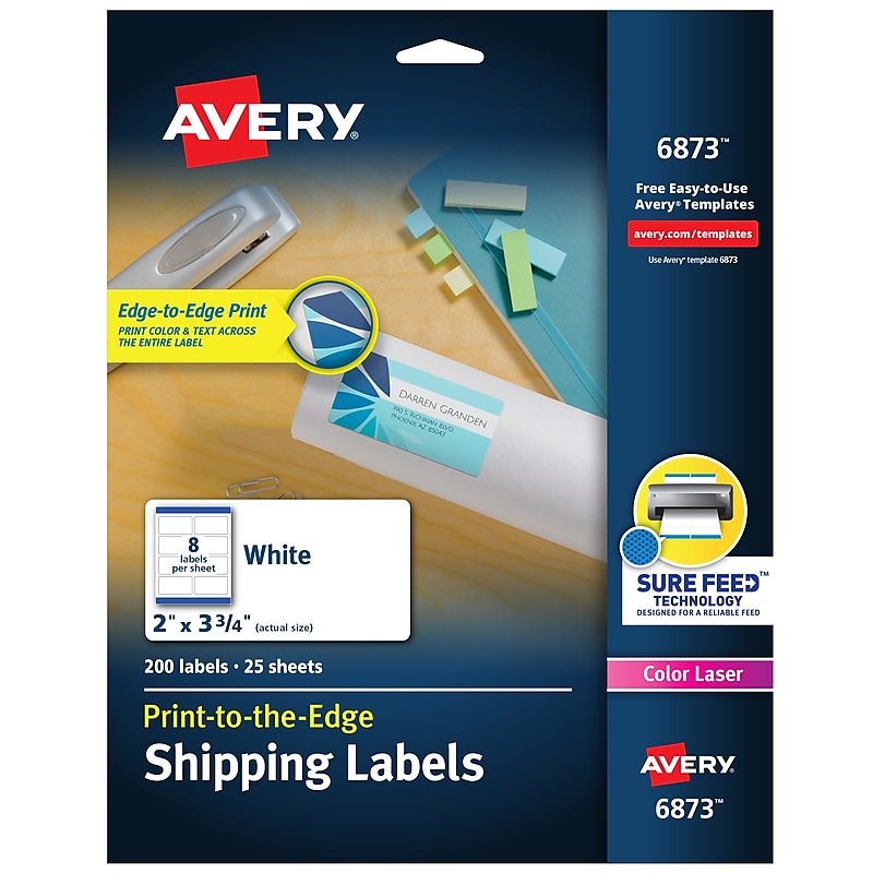 Avery Print-to-the-Edge Color Laser Shipping Labels, 2" x 3-3/4", White, 200 Labels/Pack (6873) image 1