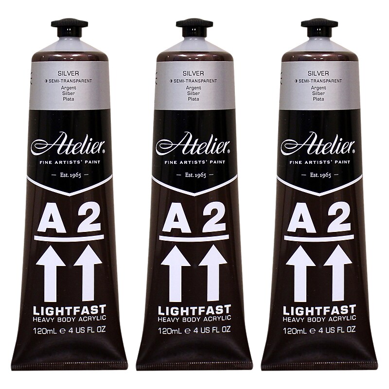 Chroma Atelier A2 Lightfast Acrylic Paint Tube, Silver, 4 oz., 3/Bundle (CRM776-3) image 1