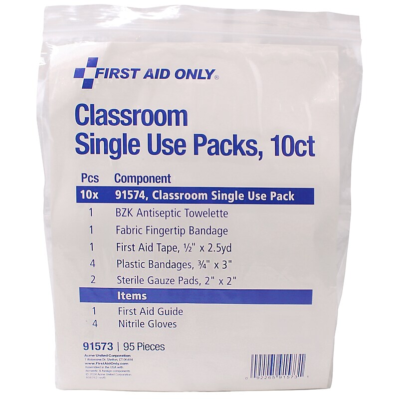 First Aid Only Classroom Single Use Kits, 95 Pieces, 12 Packs/Carton (91573) image 1