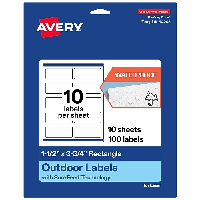 Avery Waterproof Rectangle Laser Multipurpose Labels, 1.5