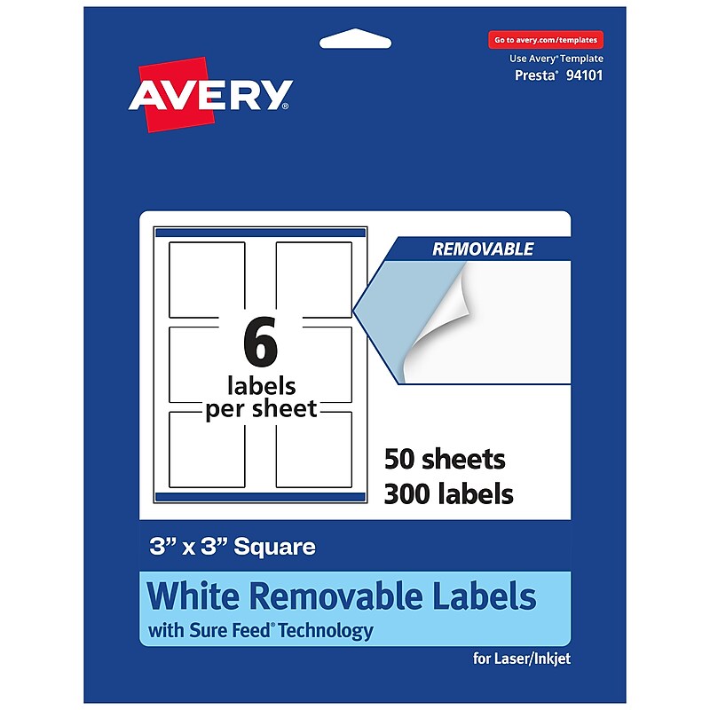 Avery Laser/Inkjet Square Removable Labels, 3" x 3", White, 300 Labels/Box (94101) image 1