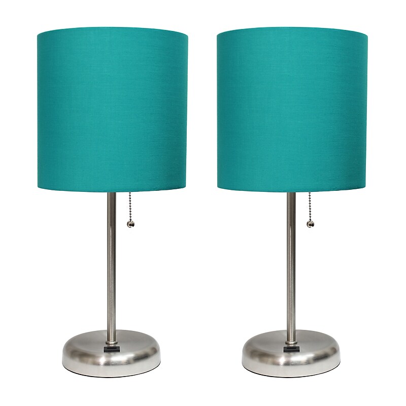 Creekwood Home Oslo Duo 19.5" LED Table Lamp with USB Port, Brushed Steel/Teal Shade, 2/Set (CWT-2012-TL-2PK) image 1
