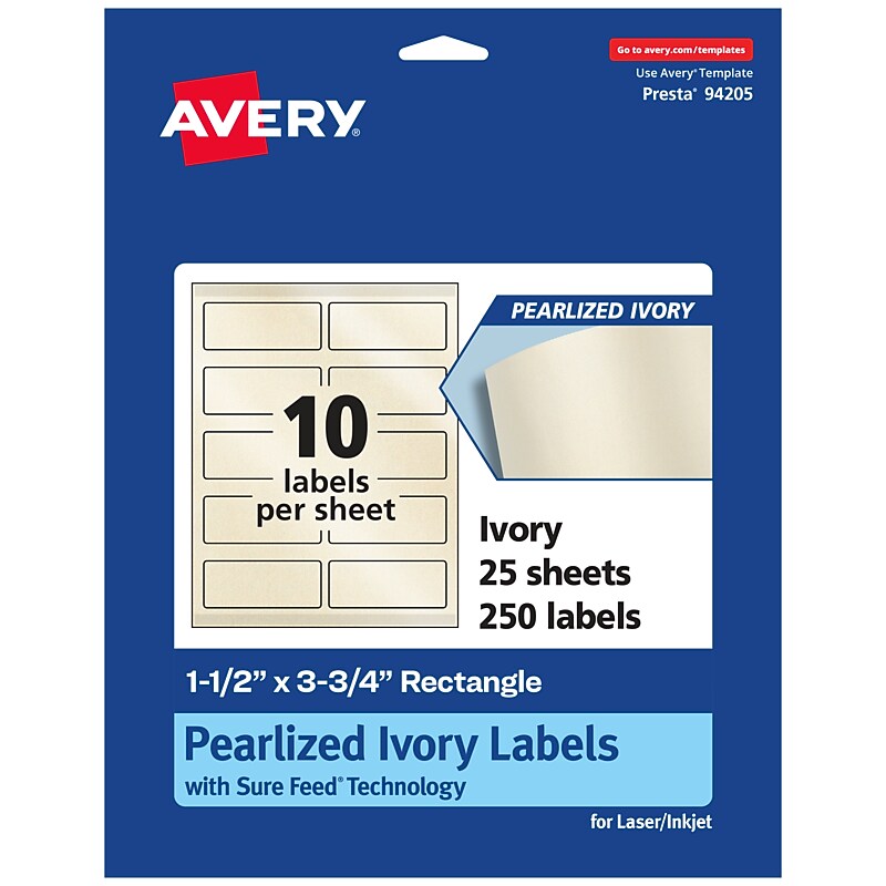 Avery Pearlized Ivory Rectangle Multipurpose Labels, 1.5" x 3.75", Ivory, 250/Pack (94205) image 1