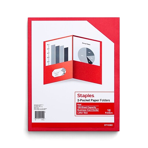 Staples 10 Recycled Smooth 2Pocket Paper Presentation Folder, Red, 10