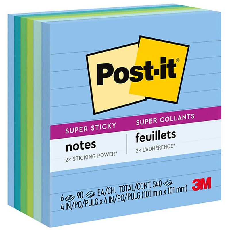Post-it Recycled Super Sticky Notes, 4" x 4", Oasis Collection, Lined, 90 Sheet/Pad, 6 Pads/Pack (6756SST) image 1