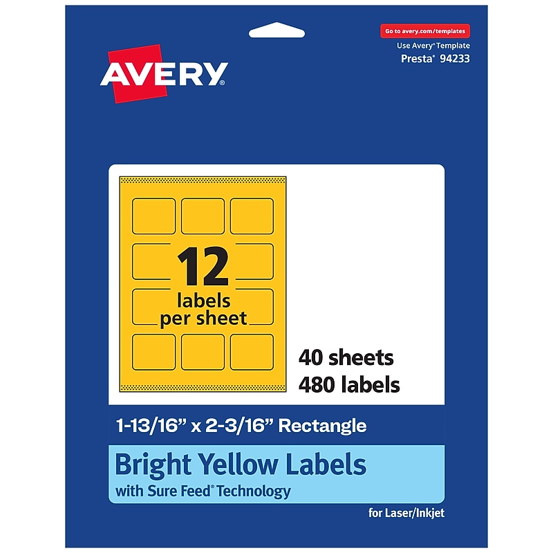 Avery Rectangle Laser/Inkjet Multipurpose Labels, 1-13/16" x 2-3/16", Bright Yellow (480/Box) image 1